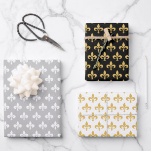 Feuille De Papier Cadeau Elégante Fleur de Lis sur Black Grey & White