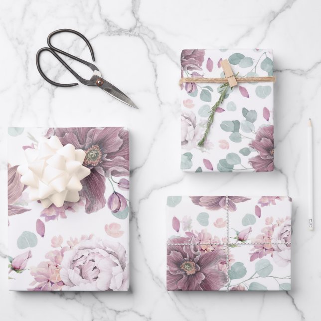 Feuille De Papier Cadeau Elégante Fleurs de Mauve et Motif botanique Feuill (Recto)