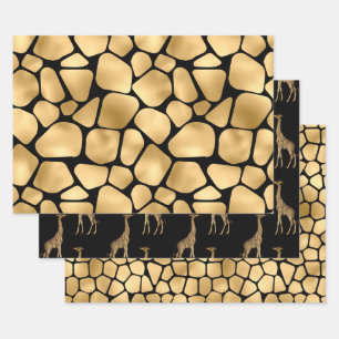Feuille De Papier Cadeau Elégante Giraffes Noire et Or 