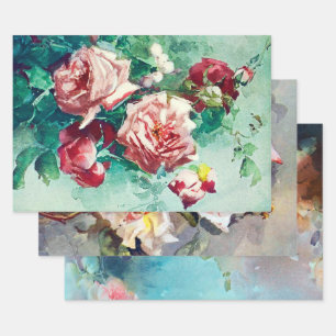 Feuille De Papier Cadeau Elégante peinture d'aquarelle rose Vintage Roses
