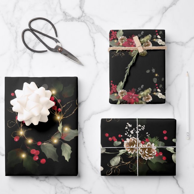 Feuille De Papier Cadeau Élégante Poinsettia Holly Eucalyptus Pine de Noël (Recto)
