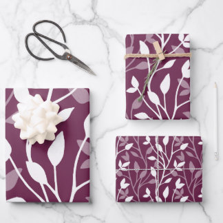 Feuille De Papier Cadeau Élégante silhouette botanique blanche sur prune