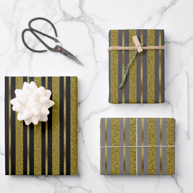 Feuille De Papier Cadeau Élégantes bandes noires et or (Recto)