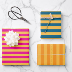 Feuille De Papier Cadeau Élégantes rayures jaunes chaudes, roses, bleues et