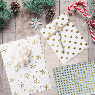 Feuille De Papier Cadeau Élégants Snowflakes Gold, Pois et Carré