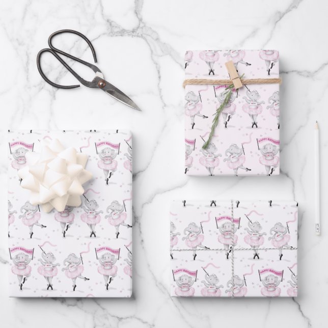 Feuille De Papier Cadeau Eléphant Ballerina Danse Anniversaire (Recto)