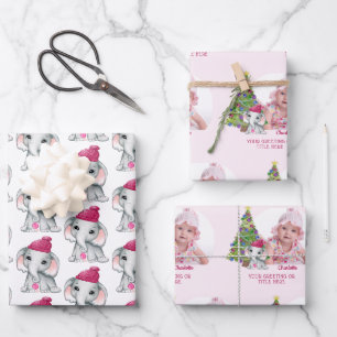 Feuille De Papier Cadeau Eléphant fille mignonne Nom photo Noël rose