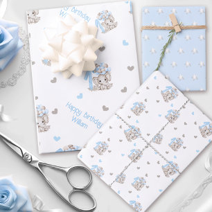 Feuille De Papier Cadeau Eléphant mignon 1er anniversaire Garçon bleu Per