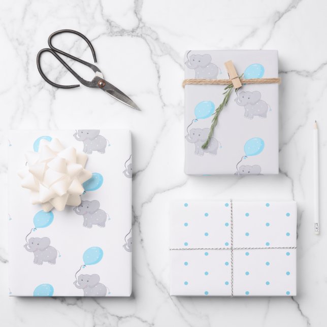 Feuille De Papier Cadeau Eléphant mignon avec ballon | Baby Boy (Recto)