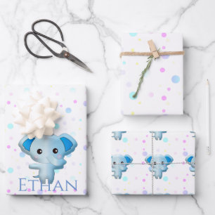Feuille De Papier Cadeau Eléphant petit garçon bleu