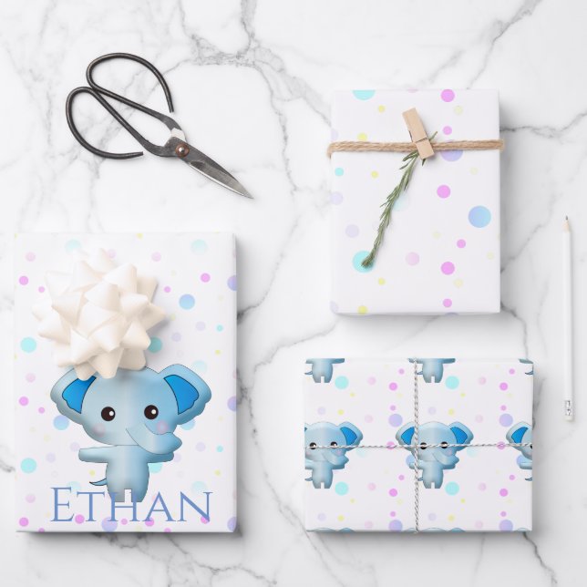 Feuille De Papier Cadeau Eléphant petit garçon bleu mignon (Recto)