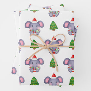 Feuille De Papier Cadeau Eléphants de Noël mignons et arbres de Noël