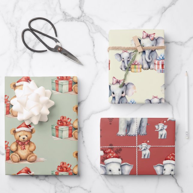 Feuille De Papier Cadeau Eléphants et ours pour Noël (Recto)