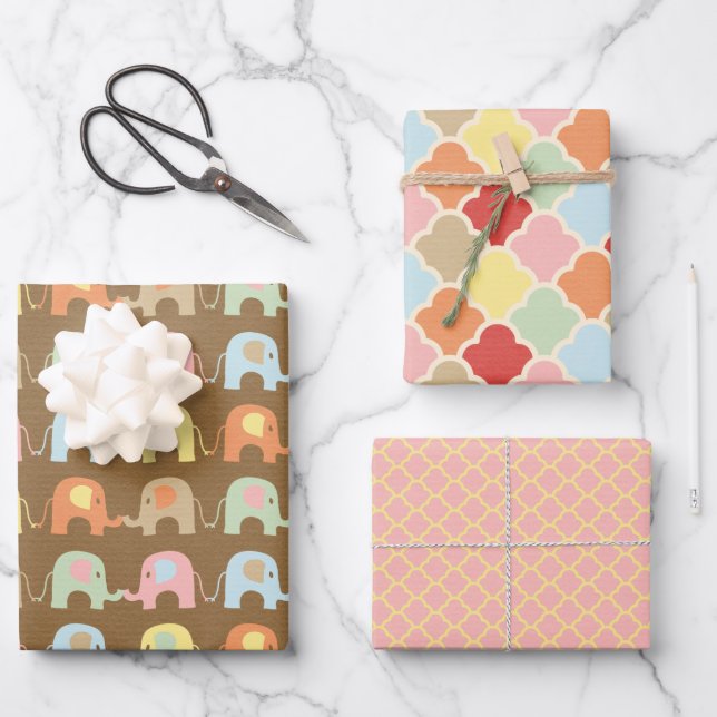 Feuille De Papier Cadeau Eléphants mignons Motif Brown Baby shower rose (Recto)