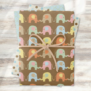 Feuille De Papier Cadeau Eléphants mignons Pois Baby shower Bleu Brown