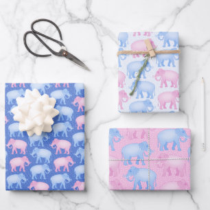 Feuille De Papier Cadeau Eléphants roses et bleus Baby Anniversaire ou douc