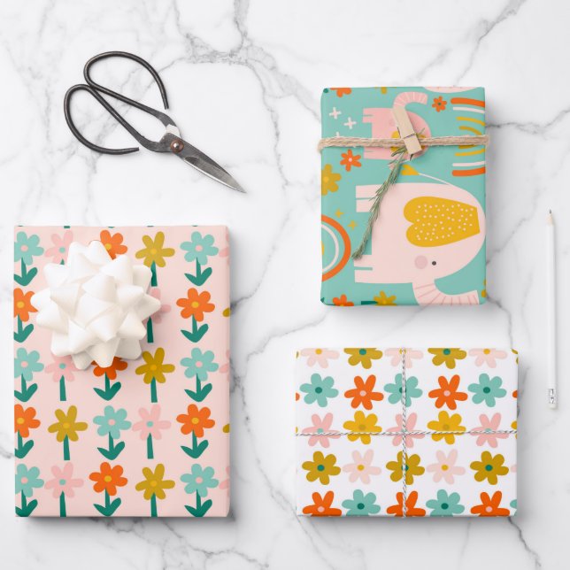 Feuille De Papier Cadeau Eléphants Whimsical Fleurs Flush Mint Printemps (Recto)