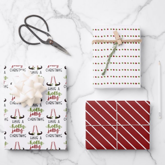Feuille De Papier Cadeau Elf HOLLY JOLLY CHRISTMAS Dots Stripes (Recto)