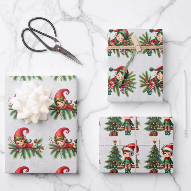 Feuille De Papier Cadeau Elf Noël Branches Enfants (Recto)