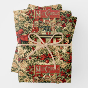 Feuille De Papier Cadeau Elfes De Noël Rétro Vintage Sur L'Étagère