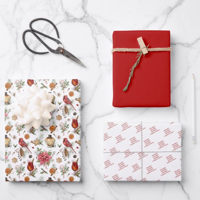 Feuille De Papier Cadeau Emballage Cardinal Rouge de Noël Coordonné (Recto)
