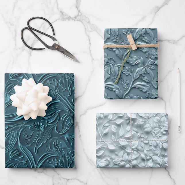 Feuille De Papier Cadeau Embossed Shades of Blue (Recto)