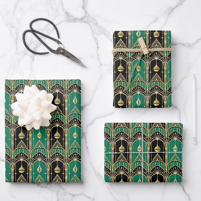 Feuille De Papier Cadeau Emerald and Black Art Deco Holiday Pattern (Recto)