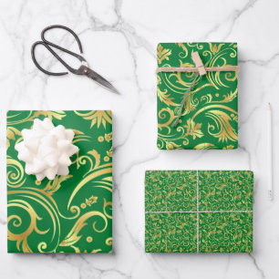 Feuille De Papier Cadeau Emerald Green et Gold Scrollwork