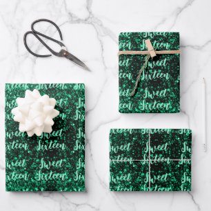Feuille De Papier Cadeau Emerald Green scintille Sweet 16 motif de script