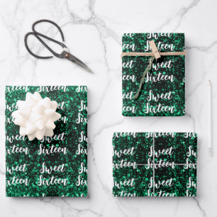 Feuille De Papier Cadeau Emerald Green scintille Sweet 16 motif de script