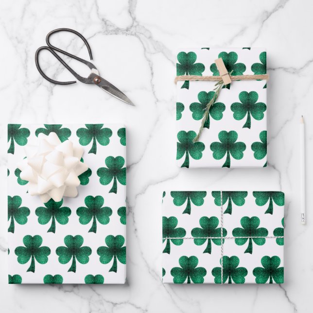 Feuille De Papier Cadeau Emerald Green Sparkles Shamrock blanc motif (Recto)