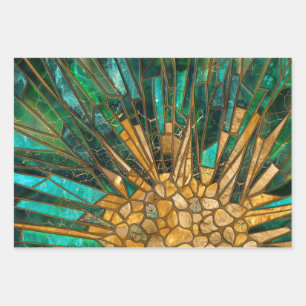 Feuille De Papier Cadeau Émeraude et cellules d'or mosaïque abstraite
