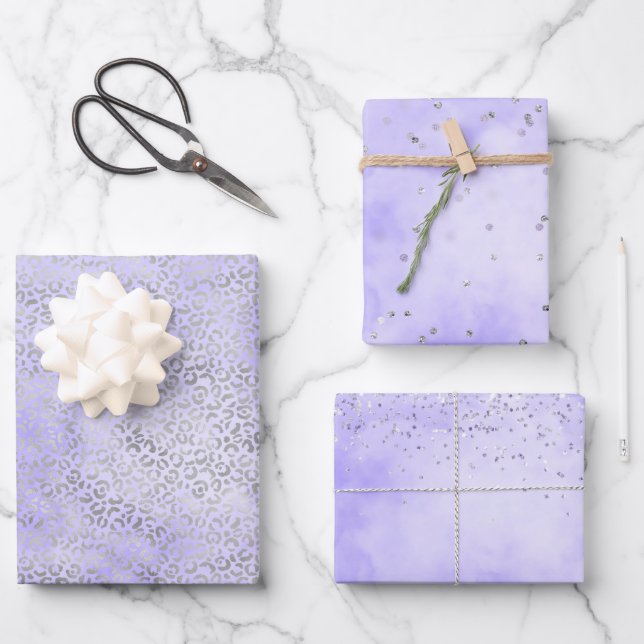 Feuille De Papier Cadeau Empreinte de léopard argenté violet lavande rose (Recto)