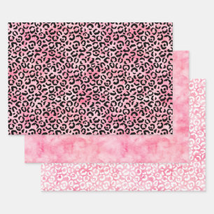 Feuille De Papier Cadeau Empreinte de léopard d'aquarelle rose fille noire