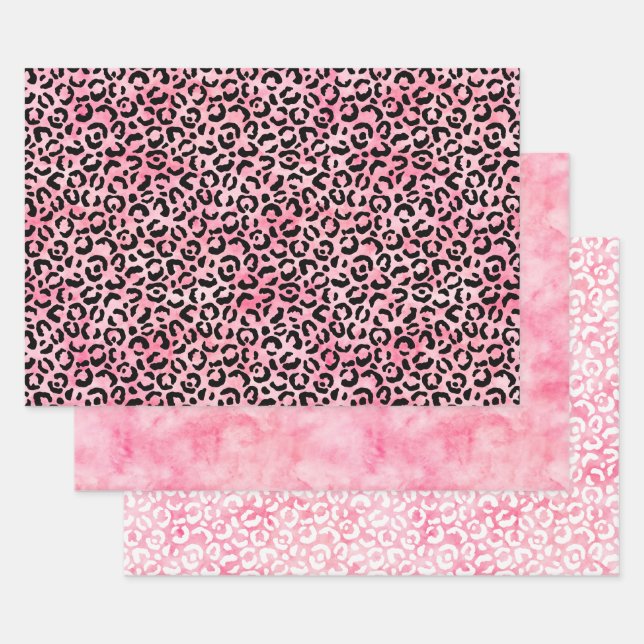 Feuille De Papier Cadeau Empreinte de léopard d'aquarelle rose fille noire (Lot)