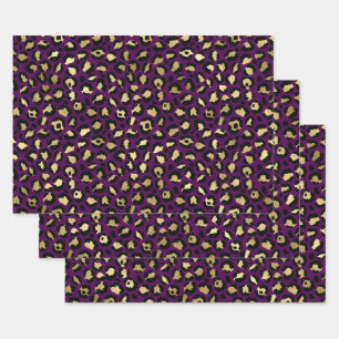 Feuille De Papier Cadeau Empreinte de léopard pourpre et or