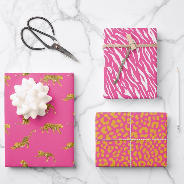 Feuille De Papier Cadeau Empreinte de léopard rose et or (Recto)