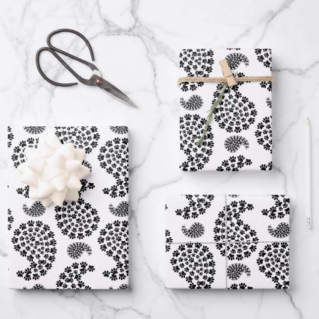 Feuille De Papier Cadeau Empreinte de patte Chien noir et blanc Paisley (Recto)