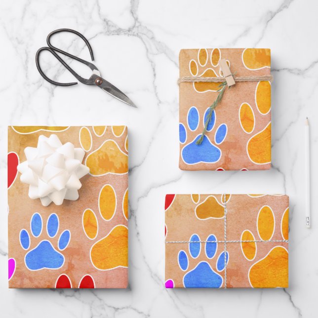 Feuille De Papier Cadeau Empreintes de pattes de chiens sur Arrière - plan  (Recto)