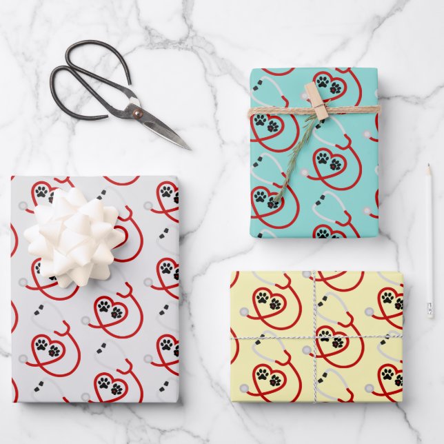 Feuille De Papier Cadeau Empreintes et stéthoscope vétérinaires (Recto)