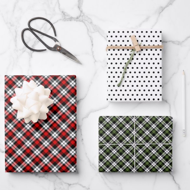 Feuille De Papier Cadeau En vichy classique traditionnel rouge vert noir bl (Recto)