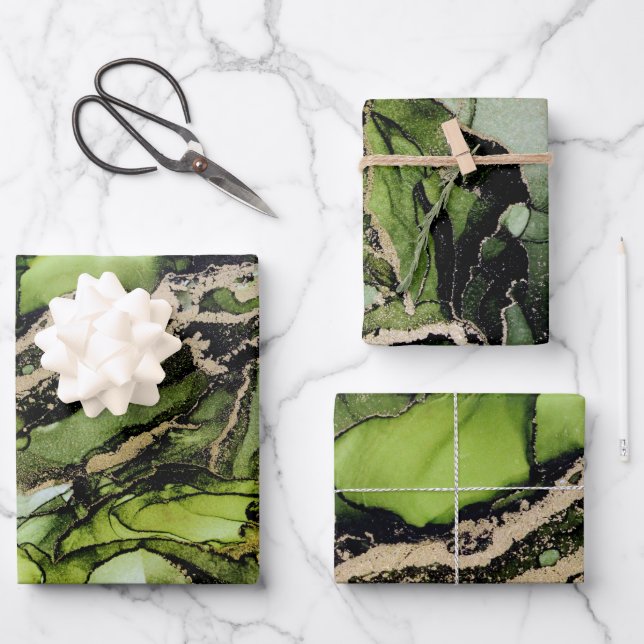 Feuille De Papier Cadeau Encre Abstraite Jade Green Black Gold (Recto)