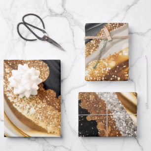 Feuille De Papier Cadeau Encre alcoolique agate pailletée noire et or aquar