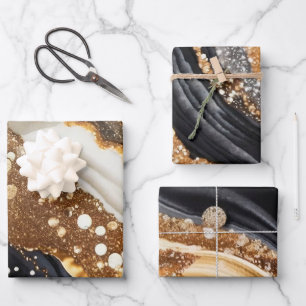 Feuille De Papier Cadeau Encre alcoolique agate pailletée noire et or aquar