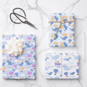 Feuille De Papier Cadeau enfant baleine aventure motif carrelé