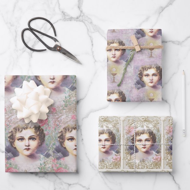 Feuille De Papier Cadeau Enfant catholique Jésus religieux rose Roses Vinta (Recto)