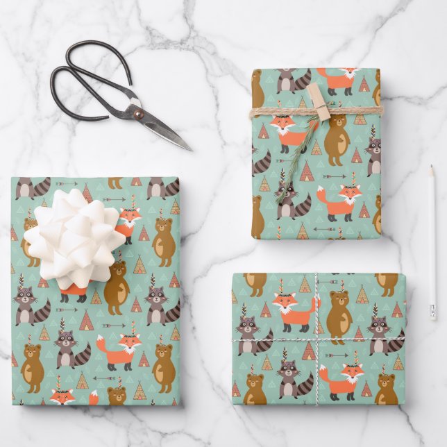 Feuille De Papier Cadeau Enfants Camping à l'extérieur Raccoon Fox Ours Bro (Recto)