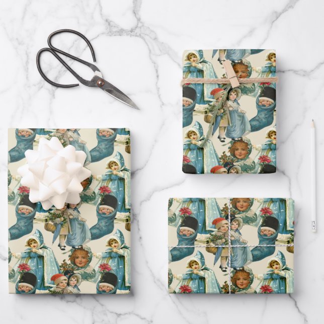 Feuille De Papier Cadeau Enfants de Noël victoriens  (Recto)