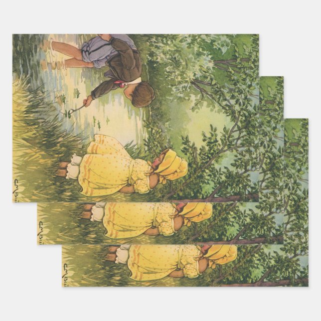 Feuille De Papier Cadeau Enfants d'époque, garçon et fille jouant au ruisse (Lot)