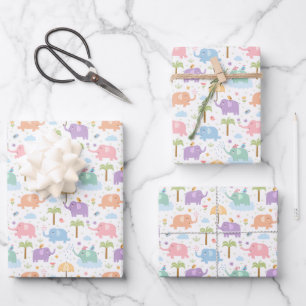 Feuille De Papier Cadeau Enfants Eléphants Joyeux Pastel Rose Bleu Vert